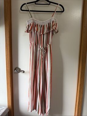 I.N. San Francisco Striped Off-Shoulder Jumpsuit in White, Orange & Green